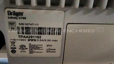 Lot of 3 x Drager Patient Monitors Infinity C700 YOM 2010/2010/2010 - SW 4.0.3 and 3 x Drager patient Monitors M540 YOM 2019/2018/2013 - S/W 4.1.1 and 3 x ECG leads (All power up) - 9