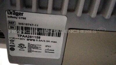 Lot of 3 x Drager Patient Monitors Infinity C700 YOM 2010/2010/2010 - SW 4.0.3 and 3 x Drager patient Monitors M540 YOM 2019/2018/2013 - S/W 4.1.1 and 3 x ECG leads (All power up) - 10