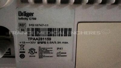 Lot of 3 x Drager Patient Monitors Infinity C700 YOM 2010/2010/2010 - SW 4.0.3 and 3 x Drager patient Monitors M540 YOM 2019/2018/2013 - S/W 4.1.1 and 3 x ECG leads (All power up) - 11