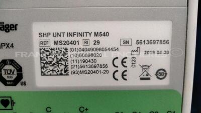 Lot of 3 x Drager Patient Monitors Infinity C700 YOM 2010/2010/2010 - SW 4.0.3 and 3 x Drager patient Monitors M540 YOM 2019/2018/2013 - S/W 4.1.1 and 3 x ECG leads (All power up) - 12