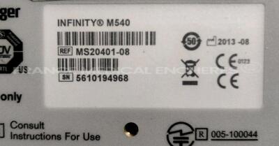 Lot of 3 x Drager Patient Monitors Infinity C700 YOM 2010/2010/2010 - SW 4.0.3 and 3 x Drager patient Monitors M540 YOM 2019/2018/2013 - S/W 4.1.1 and 3 x ECG leads (All power up) - 14