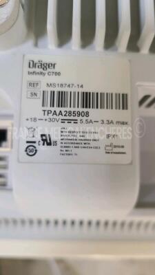 Lot of 3 x Drager Patient Monitors Infinity C700 YOM 2010/2010/2010 - SW 4.0.3 and 3 x Drager patient Monitors M540 YOM 2011/2011/2010 - S/W 4.1.1 and 3 x ECG leads and 3 x Drager Mainstream C02 (All power up) - 12