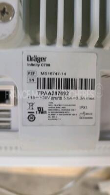 Lot of 3 x Drager Patient Monitors Infinity C700 YOM 2010/2010/2010 - SW 4.0.3 and 3 x Drager patient Monitors M540 YOM 2011/2011/2010 - S/W 4.1.1 and 3 x ECG leads and 3 x Drager Mainstream C02 (All power up) - 13