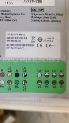 Lot of 3 x Drager Patient Monitors Infinity C700 YOM 2010/2010/2010 - SW 4.0.3 and 3 x Drager patient Monitors M540 YOM 2011/2011/2010 - S/W 4.1.1 and 3 x ECG leads and 3 x Drager Mainstream C02 (All power up) - 15