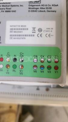 Lot of 3 x Drager Patient Monitors Infinity C700 YOM 2010/2010/2010 - SW 4.0.3 and 3 x Drager patient Monitors M540 YOM 2011/2011/2010 - S/W 4.1.1 and 3 x ECG leads and 3 x Drager Mainstream C02 (All power up) - 16