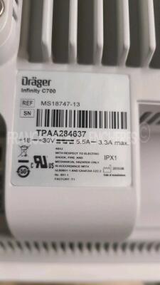 Lot of 3 x Drager Patient Monitors Infinity C700 YOM 2010/2010/2011- SW 4.0.3 and 3 x Drager patient Monitors M540 YOM 2012/2010/2010 - S/W 4.1.1 and 3 x ECG leads and 3 x Drager Mainstream C02 (All power up) - 9