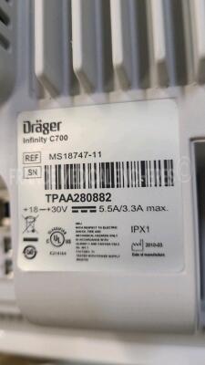 Lot of 3 x Drager Patient Monitors Infinity C700 YOM 2010/2010/2011- SW 4.0.3 and 3 x Drager patient Monitors M540 YOM 2012/2010/2010 - S/W 4.1.1 and 3 x ECG leads and 3 x Drager Mainstream C02 (All power up) - 11