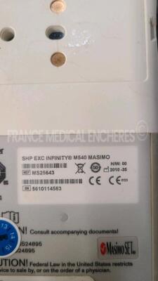 Lot of 3 x Drager Patient Monitors Infinity C700 YOM 2010/2010/2011- SW 4.0.3 and 3 x Drager patient Monitors M540 YOM 2012/2010/2010 - S/W 4.1.1 and 3 x ECG leads and 3 x Drager Mainstream C02 (All power up) - 14