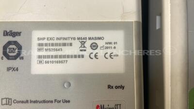 Lot of 3 x Drager Patient Monitors Infinity C700 YOM 2010/2010/2011 - SW 4.0.3 and 3 x Drager patient Monitors M540 YOM 2011/2011/2010 - S/W 4.1.1 and 3 x ECG leads and 3 x Drager Mainstream C02 (All power up) - 12