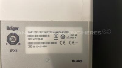 Lot of 3 x Drager Patient Monitors Infinity C700 YOM 2010/2010/2010 - SW 4.0.3 and 3 x Drager patient Monitors M540 YOM 2011/2011/2012 - S/W 4.1.1 and 3 x ECG leads and 3 x SP02 sensors and 3 Drager Mainstream C02 (All power up) - 15