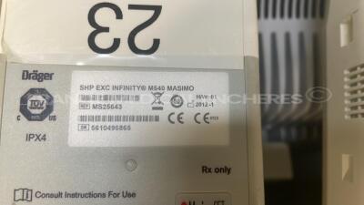 Lot of 3 x Drager Patient Monitors Infinity C700 YOM 2010/2010/2010- SW 4.0.3 and 3 x Drager patient Monitors M540 YOM 2012/2012/2011 - S/W 4.1.1 and 3 x ECG leads and 3 x SP02 sensors and 3 Drager Mainstream C02 (All power up) - 13