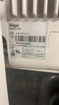 Lot of 3 x Drager Patient Monitors Infinity C700 YOM 2010/2010/2010- SW 4.0.3 and 3 x Drager patient Monitors M540 YOM 2012/2012/2011 - S/W 4.1.1 and 3 x ECG leads and 3 x SP02 sensors and 3 Drager Mainstream C02 (All power up) - 15