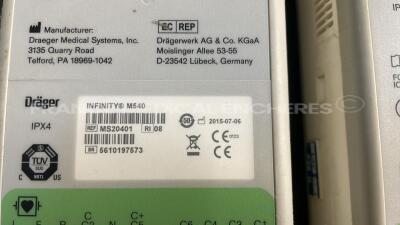 Lot of 3 x Drager Patient Monitors Infinity C700 YOM 2010/2010/2010 - SW 4.0.3 and 3 x Drager patient Monitors M540 YOM 2015/2011/2018 - S/W 4.1.1 and 3 x ECG leads and 3 x SP02 sensors and 3 Drager Mainstream C02 (All power up) - 15