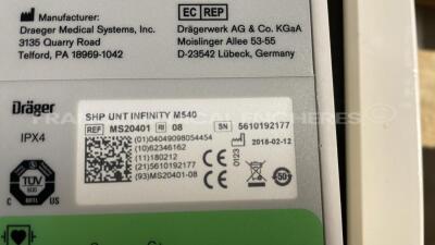 Lot of 3 x Drager Patient Monitors Infinity C700 YOM 2010/2010/2010 - SW 4.0.3 and 3 x Drager patient Monitors M540 YOM 2015/2011/2018 - S/W 4.1.1 and 3 x ECG leads and 3 x SP02 sensors and 3 Drager Mainstream C02 (All power up) - 17