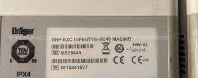Lot of 3 x Drager Patient Monitors Infinity C700 YOM 2010/2010/2009 - SW 4.0.3 and 3 x Drager patient Monitors M540 YOM 2012/2012/2010 - S/W 4.1.1 and 3 x ECG leads and 3 x SP02 sensors and 3 Drager Mainstream C02 (All power up) - 17