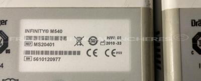 Lot of 3 x Drager Patient Monitors Infinity C700 YOM 2010/2010/2009 - SW 4.0.3 and 3 x Drager patient Monitors M540 YOM 2012/2012/2010 - S/W 4.1.1 and 3 x ECG leads and 3 x SP02 sensors and 3 Drager Mainstream C02 (All power up) - 18