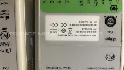 Lot of 3 x Drager Patient Monitors Infinity C700 YOM 2010/2010/2010 - SW 4.0.3 and 3 x Drager patient Monitors M540 YOM 2011/2011/2014 - S/W 4.1.1 and 3 x ECG leads and 3 x SP02 sensors and 3 Drager Mainstream C02 (All power up) - 17