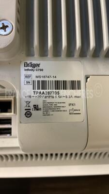 Lot of 3 x Drager Patient Monitors Infinity C700 YOM 2010/2010/2010 - SW 4.0.3 with 3 x Drager patient Monitors M540 YOM 2011/2010/2010 - S/W 4.1.1and 3 x ECG leads and 3 x SP02 sensors and 3 Drager Mainstream C02 (All power up) - 14