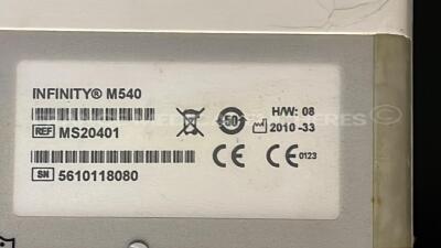 Lot of 3 x Drager Patient Monitors Infinity C700 YOM 2010/2010/2010 - SW 4.0.3 with 3 x Drager patient Monitors M540 YOM 2011/2010/2010 - S/W 4.1.1and 3 x ECG leads and 3 x SP02 sensors and 3 Drager Mainstream C02 (All power up) - 19