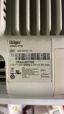 Lot of 3 x Drager Patient Monitors Infinity C700 YOM 2010/2010/2010 - SW 4.0.3 and 3 x Drager patient Monitors M540 YOM 2010/2018/2018 - S/W 4.1.1 and 3 x ECG leads and 3 x SP02 sensors and 3 Drager Mainstream C02 (All power up) - 15