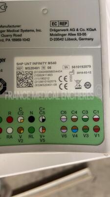 Lot of 3 x Drager Patient Monitors Infinity C700 YOM 2010/2010/2010 - SW 4.0.3 and 3 x Drager patient Monitors M540 YOM 2010/2018/2018 - S/W 4.1.1 and 3 x ECG leads and 3 x SP02 sensors and 3 Drager Mainstream C02 (All power up) - 19