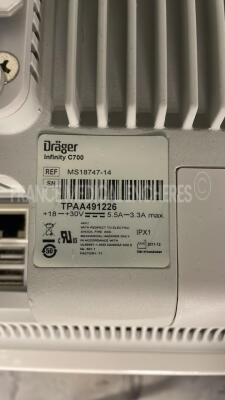 Lot of 3 x Drager Patient Monitors Infinity C700 YOM2010/2010/2011 - SW 4.0.3 and 3 x Drager patient Monitors M540 YOM 2010/2011/2010 - S/W 4.1.1 and 3 x ECG leads and 3 x SP02 sensors and 3 Drager Mainstream C02 (All power up) - 14