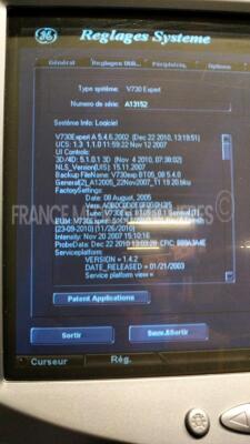GE Ultrasound Voluson 730 Expert - YOM 04/2006 - S/W 1.3.1.1.0.11 - Options real time - DICOM - vocal 2- SRI 2 - VCI - B-flow - STIC - XTD TD - contrast - w/ RIC5-9H probe YOM 2006 - 4C- A probe YOM 2006 - Sony video graphic printer UP-895MDW (Powers up) - 8