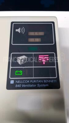 Nellcor Puritan Bennett Ventilator 840 Series - S/W 4-070202-85-AJ - w/ count 53679 hours missing part to hold the monitor (Powers up) - 3