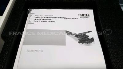 Pentax Ultrasound Video Endoscope EG-3670URK-Engineer's Report Optical System - little scratch on the lens - Channels No Fault Found - Angulation No fault Found - Bending Section No Fault Found - Insertion Tube No Fault Found - Light Transmission No F - 3