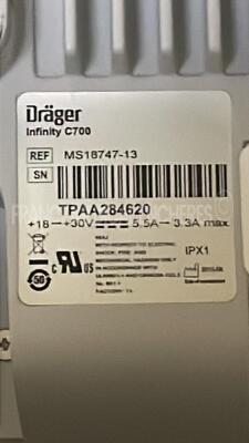 Lot of 3 x Drager Patient Monitors Infinity C700 YOM 2010/2010/2010- SW 4.0.3 and 3 x Drager patient Monitors M540 YOM 2012/2012/2011 - S/W 4.1.1 and 3 x ECG leads and 3 x SP02 sensors and 3 Drager Mainstream C02 (All power up) - 16