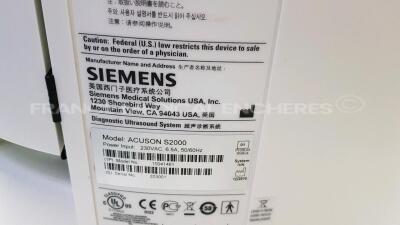 Siemens Acuson S2000 - YOM 12/2010 - S/W 400.1.031 - w/18L6 probe YOM 2021 (see picture of the test) 9L4 probe YOM 2010 (see picture of the test) (Powers up) - 24