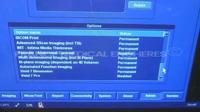 GE Ultrasound Vivid 7 - YOM 01/2007 - S/W 6.1.1 -Options DICOM media - 4D volume - LVO contrast - tissue velocity imaging and tissue tracking - advanced QScan - M3S and M4S support and true speed - Qanalysis - blood flow imaging - echoPAC - echostress - e - 9