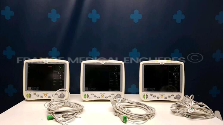 Lot of 3 x GE Patient Monitor Dash 5000 - YOM 2008 - S/W 7.3 - Options 2PS - 12SL - ACI-TIPI - Network - Cardio Pulmonary - Cardiac - FIB Atrial - ECG Intellirate - AVOA Plus - w/ ECG leads (All power up)