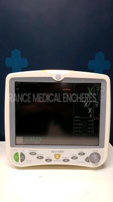 Lot of 3 x GE Patient Monitor Dash 5000 - YOM 2008 - S/W 7.3 - Options 2PS - 12SL - ACI-TIPI - Network - Cardio Pulmonary - Cardiac - FIB Atrial - ECG Intellirate - AVOA Plus - w/ ECG leads (All power up) - 4