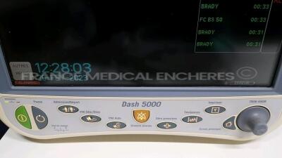 Lot of 3 x GE Patient Monitor Dash 5000 - YOM 2008 - S/W 7.3 - Options 2PS - 12SL - ACI-TIPI - Network - Cardio Pulmonary - Cardiac - FIB Atrial - ECG Intellirate - AVOA Plus - w/ ECG leads (All power up) - 7