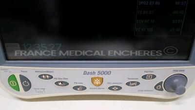 Lot of 3 x GE Patient Monitor Dash 5000 - YOM 2008 - S/W 7.3 - Options 2PS - 12SL - ACI-TIPI - Network - Cardio Pulmonary - Cardiac - FIB Atrial - ECG Intellirate - AVOA Plus - w/ ECG leads (All power up) - 8