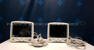 Lot of 2 x GE Patient Monitor Dash 5000 - YOM 2008 - S/W 7.3 - Options 2PS - 12SL - ACI-TIPI - Network - Cardio Pulmonary - Cardiac - FIB Atrial - ECG Intellirate - AVOA Plus - w/ ECG leads and Spo2 sensors (Both power up)