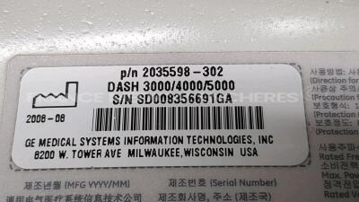 Lot of 2 x GE Patient Monitor Dash 5000 - YOM 2008 - S/W 7.3 - Options 2PS - 12SL - ACI-TIPI - Network - Cardio Pulmonary - Cardiac - FIB Atrial - ECG Intellirate - AVOA Plus - w/ ECG leads and Spo2 sensors (Both power up) - 11
