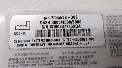 Lot of 2 x GE Patient Monitor Dash 5000 - YOM 2008 - S/W 7.3 - Options 2PS - 12SL - ACI-TIPI - Network - Cardio Pulmonary - Cardiac - FIB Atrial - ECG Intellirate - AVOA Plus - w/ ECG leads and Spo2 sensors (Both power up) - 12