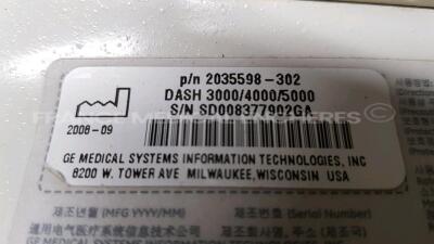 GE Patient Monitor Dash 5000 - YOM 2008 - S/W 7.3 - Options 2PS - 12SL -Lot of 2 x GE Patient Monitor Dash 5000 - YOM 2008 - S/W 7.3 - Options 2PS - 12SL - ACI-TIPI - Network - Cardio Pulmonary - Cardiac - FIB Atrial - ECG Intellirate - AVOA Plus - w/ ECG - 11