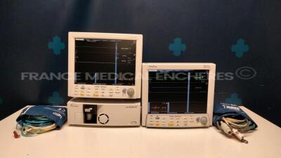 Lot of 1 x Datascope Patient Monitor Spectrum OR and 1 x Mindray/Datascope Patient Monitor Spectrum and 1 x Datascope Gas Module SE - w/ Cuff and ECG leads and Spo2 sensors (All power up)