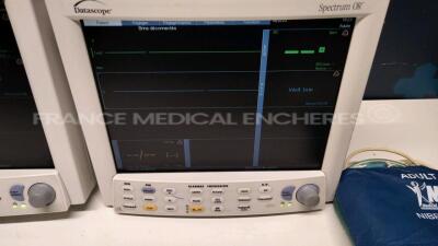 Lot of 2 x Datascope Patient Monitors Spectrum OR - w/ Cuff and ECG leads and Spo2 sensors (Both power up) - 3