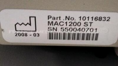 Lot of 1 x Schiller ECG AT-2 Plus with ECG leads and 1 x GE ECG MAC 1200ST with ECG leads - S/W V6.2 - YOM 2008 (Both powers up) - 12