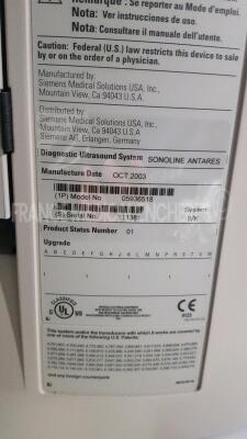 Siemens Ultrasound Sonoline Antares - YOM 2003 - S/W 3.5 w/ Siemens Probe VF13-5 - YOM 2004 and Siemens Probe VF10-5 - YOM 2004 and Siemens Probe CH4-1 - YOM 2006 and Mitsubishi Printer P91D (Powers up) - 27