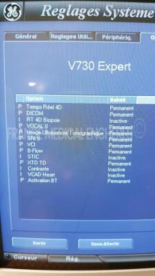 GE Ultrasound Voluson 730 - YOM 11/2005 - S/W 5.4.3 monitor holder to be repaired - Options 4D real time - DICOM - vocal 2 - SRI 2 - VCI - STIC - XTD TD w/ Mitsubishi Printer P93 (Powers up) - 8