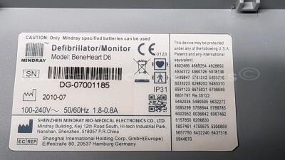 Mindray Defibrillator/Monitor BeneHeart D6 - YOM 07/2010 - French Language - w/ Mindray Rechargeable Li-ion Battery LI34I001A (Powers up) - 9