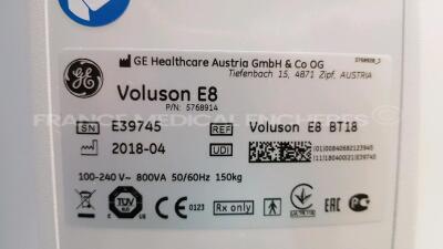 GE Ultrasound Voluson E8 BT18 - YOM 04/2018 - S/W 18.0.5.3432 - in excellent condition - tested and controlled by GE Healthcare – ready for clinical use - Options - Advanced 4D - Vocal II - Hdlive Studio - Advanced VCI - IOTA LR2 - IOTA Simple Rules - CW - 29