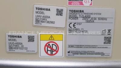 Toshiba Ultrasound Aplio 500 - YOM 2013 w/ Toshiba Probe PVT-661VT - YOM 2006 and Toshiba Probe PLT-1204BX - YOM 2013 and Toshiba Probe PLT-1005BT - YOM 2013 and Toshiba Probe 375BT - YOM 2018 (Powers up) - 27