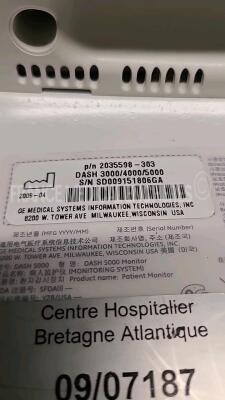 GE Patient Monitor Dash 5000 - YOM 2009 - w/ ECG leads - adult cuff - PI 1/3 cable - SPO2 cable (Powers up) - 5