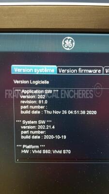 GE Ultrasound Vivid S60 v202CH - YOM 2018 - S/W 20.21.4 - in excellent condition - tested and controlled by GE Healthcare – ready for clinical use - Options - Vivid S60 - Contraste VG - View X - AFI - Tissue Tracking w/ NEW GE Probe 3Sc-RS and ECG Leads - 5